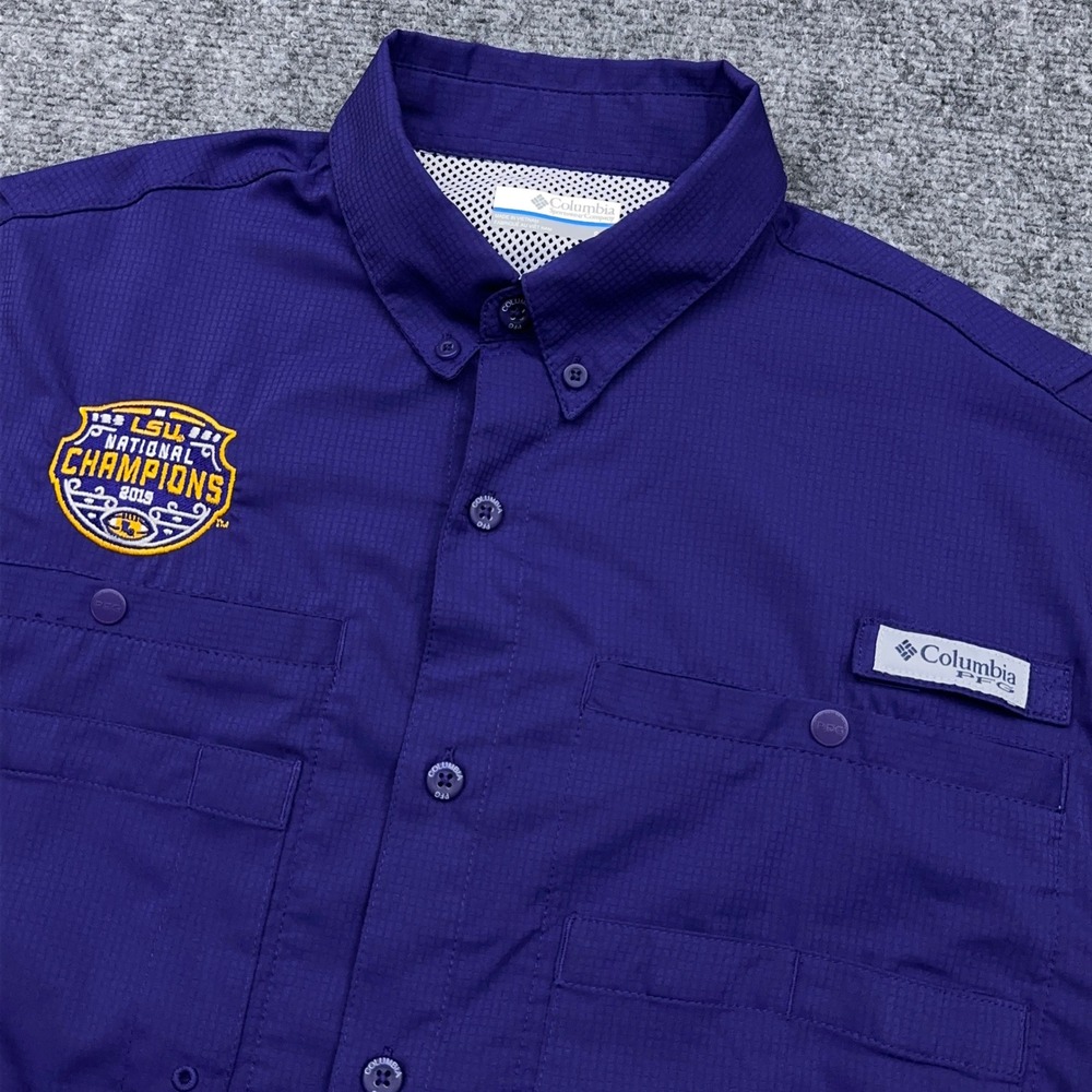Columbia PFG Tamiami Fishing Shirt Mens Small Purple LSU National Champions 2019